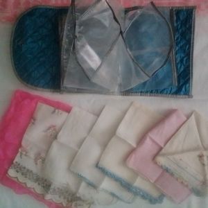 7 vintage women's handkerchiefs and convenient plastic carrying bag